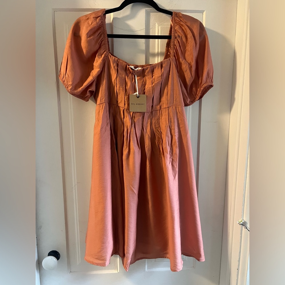 Blu Pepper Rust-Orange Puff Sleeve Mini Dress